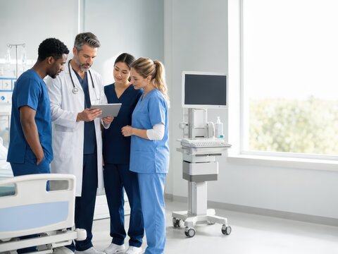 Medical Team Reviewing Blank Tablet In Bright Ward Room