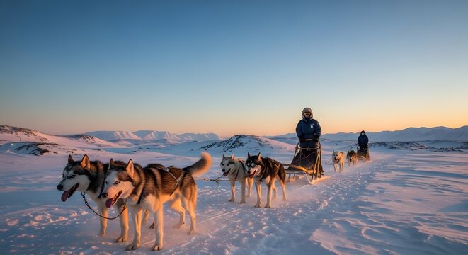 Husky dog sled team pulling sled on arctic snow field sunset