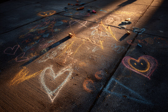 Overhead photo of vibrant chalk art on rough asphalt. Golden hour light casts long soft shadows. Ample left negative space. Ideal for Children&rsquo;s Day, educational blogs, and event backgrounds.