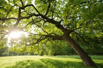 Fototapeta premium The Tree Leaning Over a Sunlit Meadow With Lush Green Leaves and Tranquility