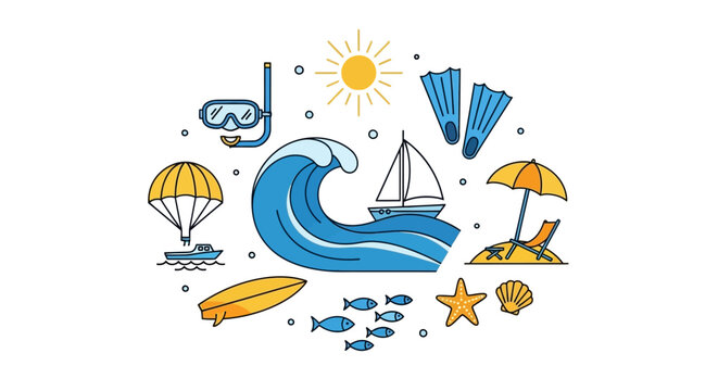 Summer vacation and beach activities icons.