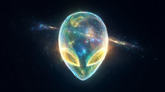 Alien head with cosmic nebula and galaxy background