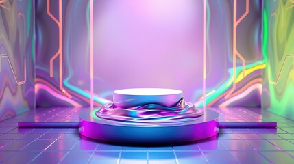 Obraz premium Futuristic display pedestal. Vibrant neon lights illuminate metallic surfaces. Minimalist stage design creates dramatic presentation space.