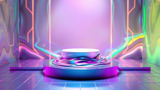 Futuristic display pedestal. Vibrant neon lights illuminate metallic surfaces. Minimalist stage design creates dramatic presentation space.