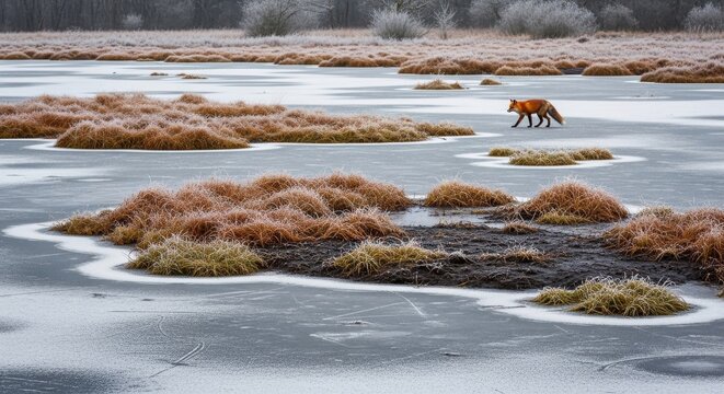 Red Fox Walks Across Frozen Wetland in Winter