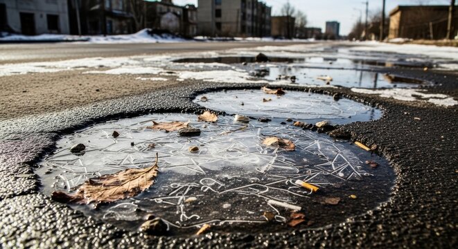 Frozen Puddles on Asphalt Street in Winter
