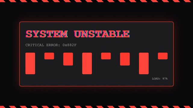 System unstable error screen, critical error code display, loading bar animation, symbolizing technology failure and system crash, seamless loop