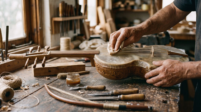 Artisan hands restore a handmade rebab, ideal for cultural preservation, traditional craft, museum restoration, and heritage business visuals.