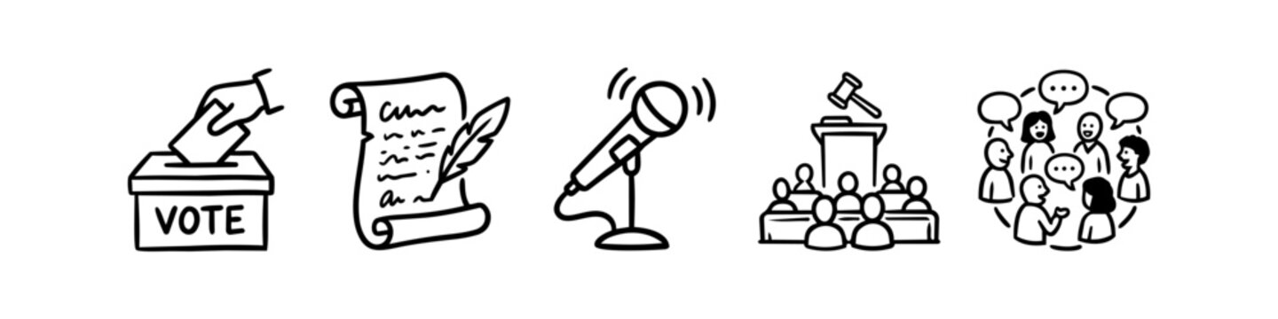 Democracy and Government Hand Drawn Outline Icon Set