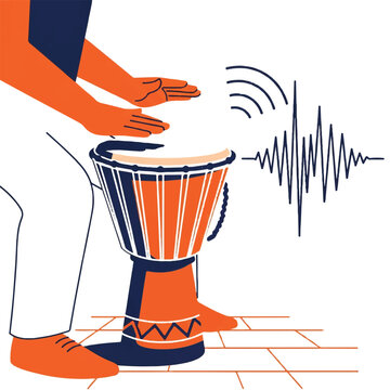 Close-up of hands playing a stylized djembe drum on a sidewalk, abstract sound wave lines, vibrant orange and dark blue color palette, minimalist flat vector artwork, clipart style, absolute