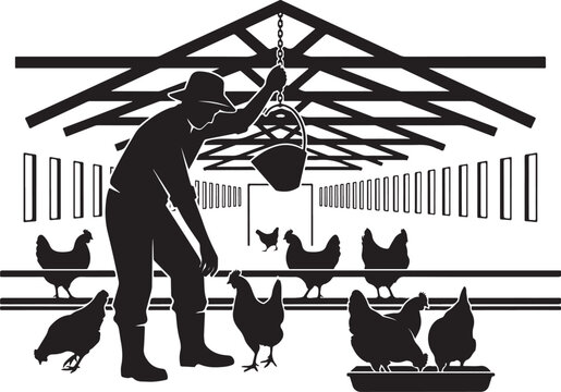 Black silhouette of farmer feeding chickens in barn