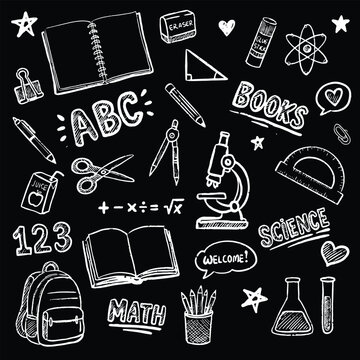 collection of back to school hand-drawn line art doodles in chalkboard pencil style isolated on black background.