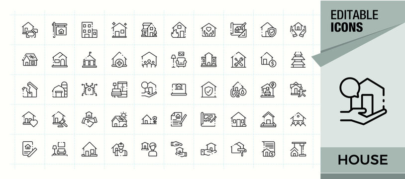 House line icon set. Thin outline icons pack. Editable stroke collections. Construction icon set. It contains symbols to estate, residential, page, apartment and more.