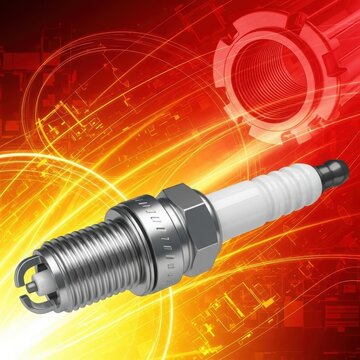 A close-up view of a spark plug with a vibrant red and orange background.
