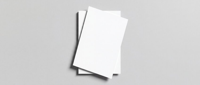 Blank white overlapping paper sheets mockup, wide top view flat lay template for brochure or flyer design presentation