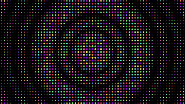 Vibrant colorful polka dot pattern with radial movement on black background, rainbow spectrum circles pulsating in motion, 4k video.