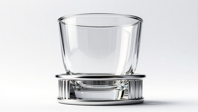 Empty Glass Tumbler Sitting on a Decorative Polished Metal Coaster