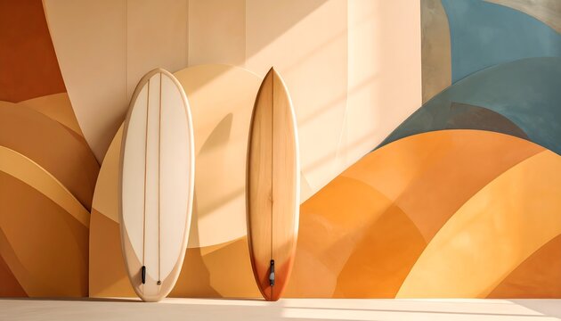 Tablas de surf apoyadas contra una pared con mural abstracto en tonos c&aacute;lidos y ambiente costero minimalista