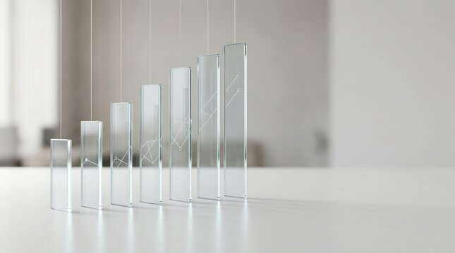 Transparent glass slats with rising line chart on minimal corporate surface for revenue analysis business intelligence website header copy space