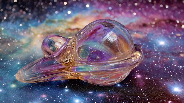 Glass alien head object with cosmic galaxy background