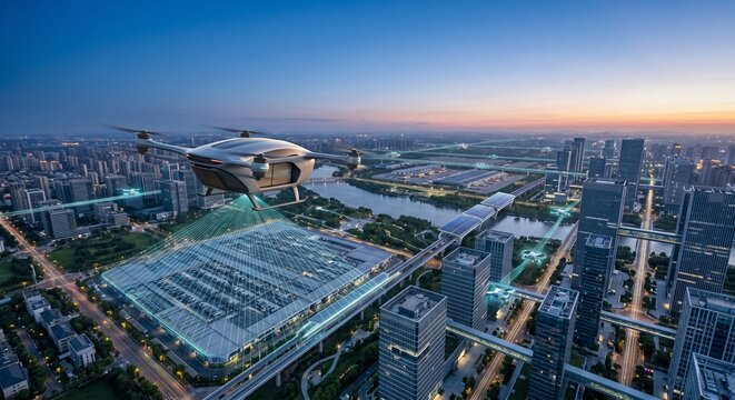 Autonomous drone scanning smart city during sunset for advanced future logistics and aerial delivery network