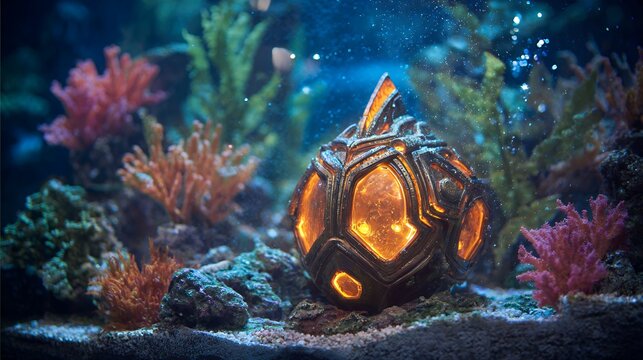 Glowing alien artifact resting on seabed with coral