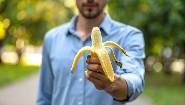 Hombre sosteniendo un pl&aacute;tano pelado al aire libre con fondo verde desenfocado en concepto de alimentaci&oacute;n saludable