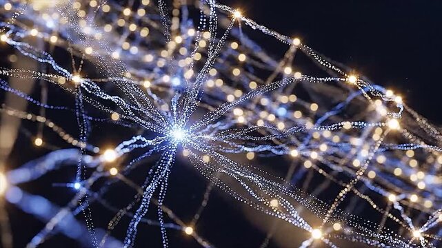 Abstract light network with glowing line pattern, blue nodes and bokeh on dark background