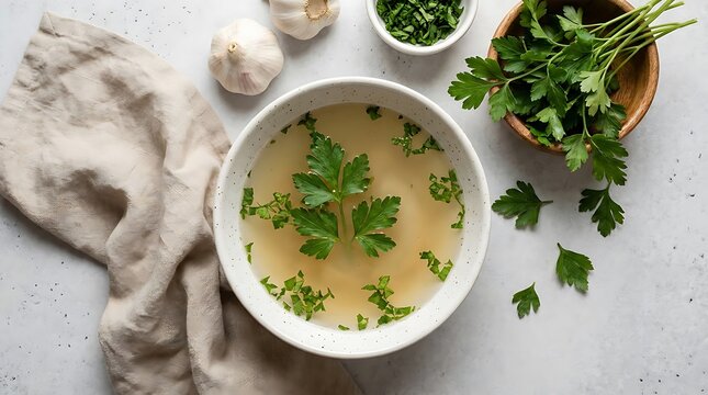 A bowl of clear broth with herbs and garlic on a white table
