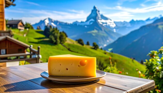 Queso curado sobre mesa de madera con paisaje alpino y monta&ntilde;as nevadas al fondo