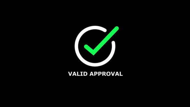 White circular outline with a bright green checkmark inside and the text valid app displayed below on a solid black background
