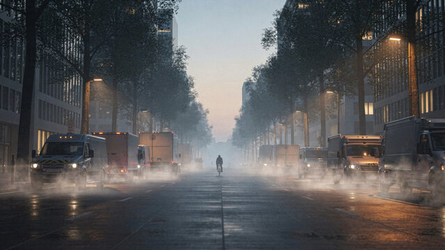 Lone cyclist riding misty early morning city boulevard with delivery trucks in dramatic fog