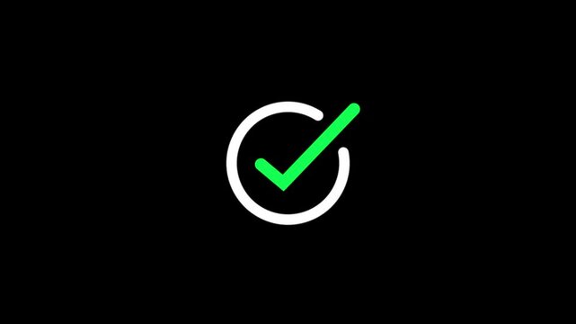 A bright green checkmark symbol inside a white circular border centered on a solid black background representing a successful task completion