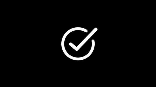 A simple white checkmark symbol inside a white circular border centered on a solid black background representing a successful task completion