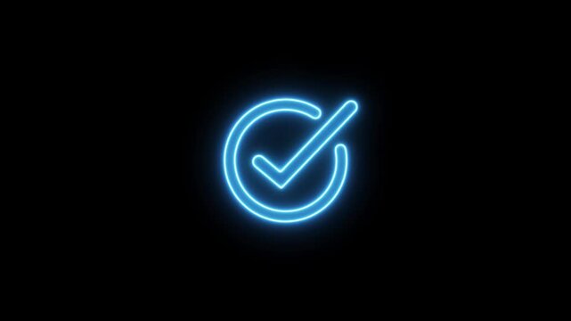 Glowing neon blue checkmark symbol inside a circular outline isolated on a solid black background representing success and task completion