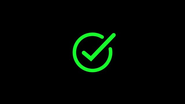 A vibrant green checkmark symbol inside a vibrant green circular border centered on a solid black background representing a successful task completion
