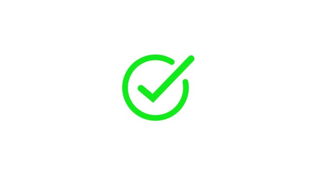 A vibrant green checkmark symbol inside a vibrant green circular border centered on a solid white background representing a successful task completion