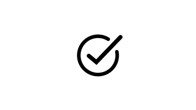 A simple black checkmark symbol inside a black circular border centered on a solid white background representing a successful task completion