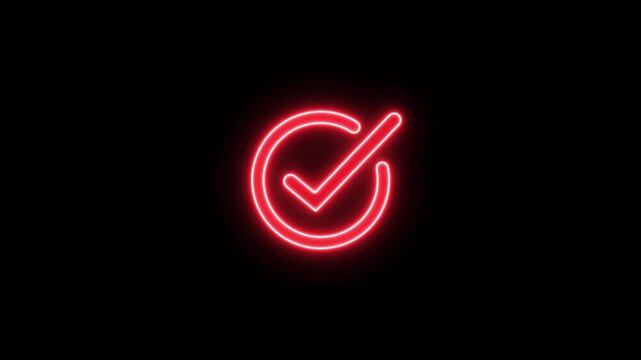 Glowing neon red checkmark symbol inside a circular outline isolated on a solid black background representing error or rejected status
