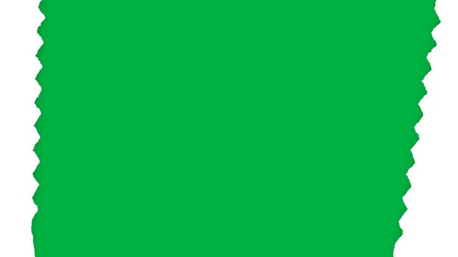 Animated ripping white paper transition parting and reveal green screen chroma key background with realistic rough edges
