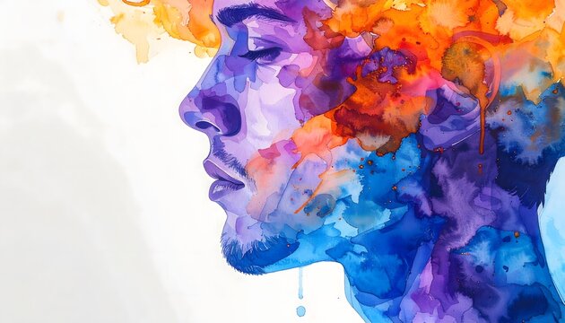 Perfil humano abstracto con acuarela en tonos azules, naranjas y violetas sobre fondo claro