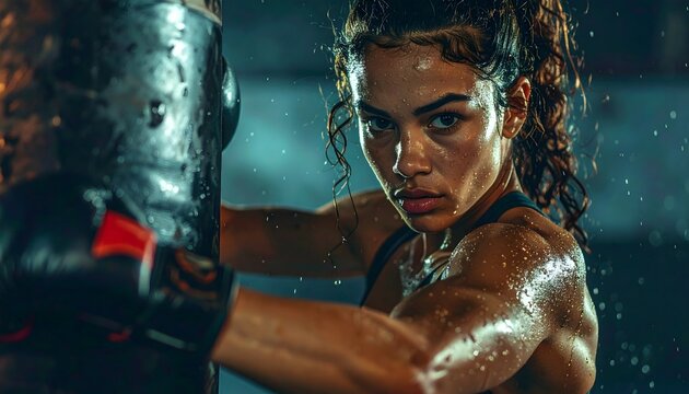 Boxeadora entrenando con saco de boxeo en gimnasio oscuro con iluminaci&oacute;n dram&aacute;tica y expresi&oacute;n intensa