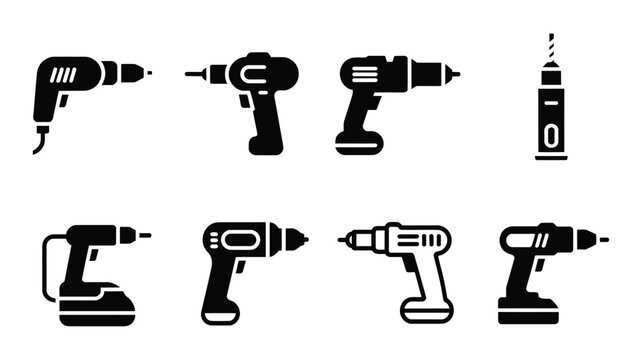 Electric drill icon set featuring black power tool silhouettes for construction home repair and professional cordless drilling applications