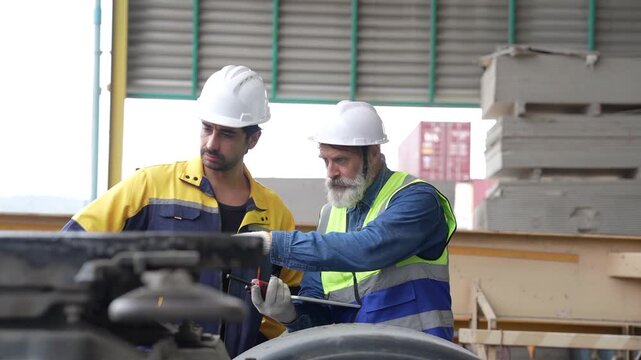 Industrial technicians inspecting heavy machinery and performing maintenance at a manufacturing facility. Teamwork, workplace safety, equipment assessment, operational reliability and engineering supp