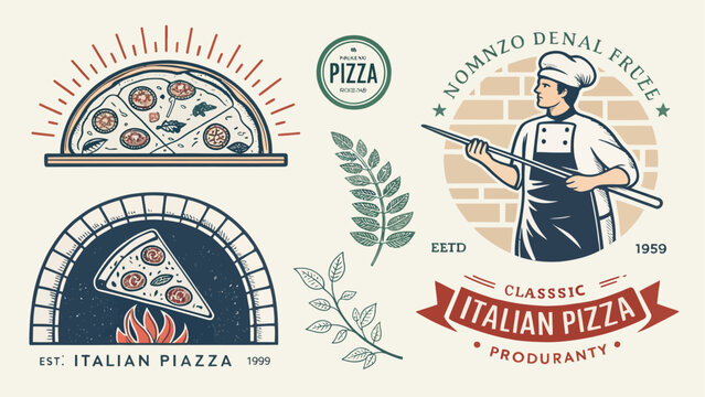 Set of vintage pizza emblems, badges, logos and labels pizza chef with peel, woodfired oven, pizza slices and herbs vector illustration for pizzeria, restaurant menu, food branding