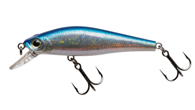 Blue silver fishing lure with treble hooks and clear lip