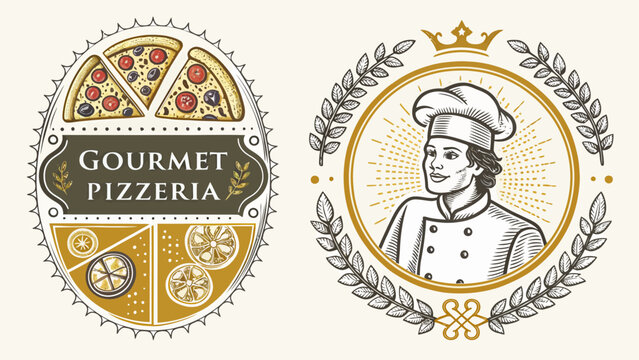 Set of vintage pizzeria emblems, logos, badges, labels gourmet pizza with ingredients and professional chef in toque in laurel wreath frame