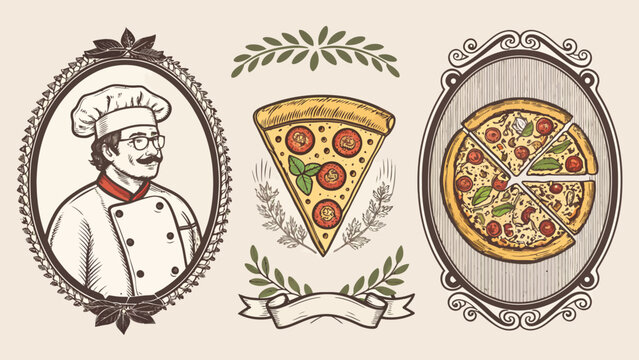 Vintage pizza restaurant logo set with chef portrait, pizza slice and whole pizza in decorative frames