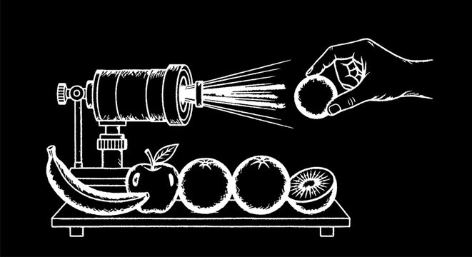 Vintage illustration of xray machine scanning fruits.