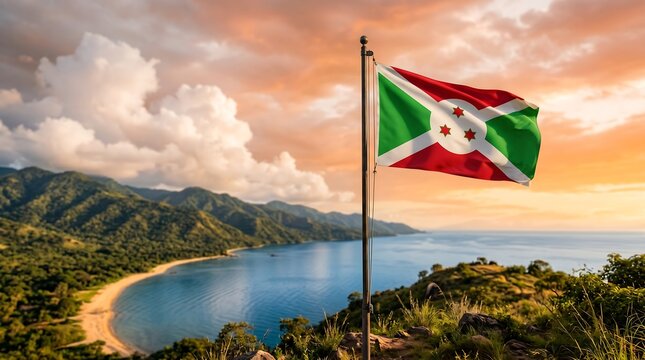 Burundi flag waving on pole overlooking tropical bay and green mountains during golden hour sunset